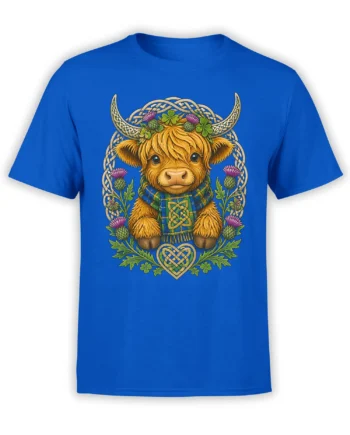 Blue T-shirt featuring a shaggy Highland cow with Celtic knotwork, thistles, shamrocks, and a tartan scarf