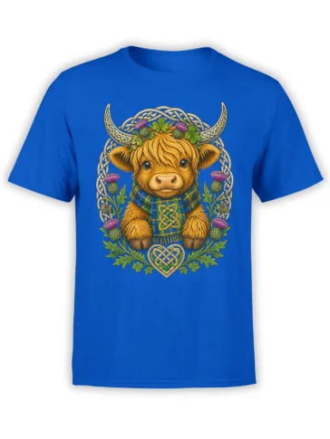 Blue T-shirt featuring a shaggy Highland cow with Celtic knotwork, thistles, shamrocks, and a tartan scarf