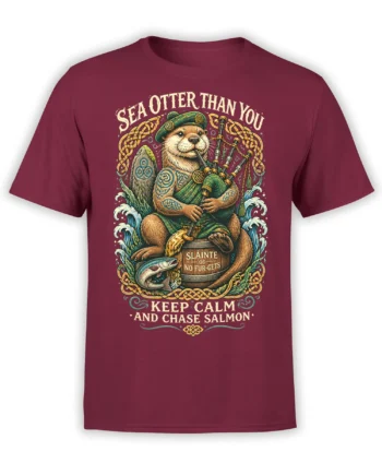 Burgundy sea otter T-shirt with bagpipes, salmon, Celtic knots, waves, and funny lettering