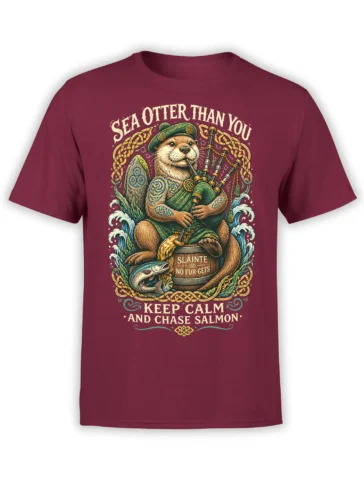 Burgundy sea otter T-shirt with bagpipes, salmon, Celtic knots, waves, and funny lettering
