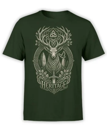 Dark green deer T-shirt with cream antlers, Celtic-style knotwork, sword, oak leaves, and HERITAGE text