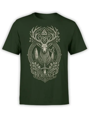 Dark green deer T-shirt with cream antlers, Celtic-style knotwork, sword, oak leaves, and HERITAGE text