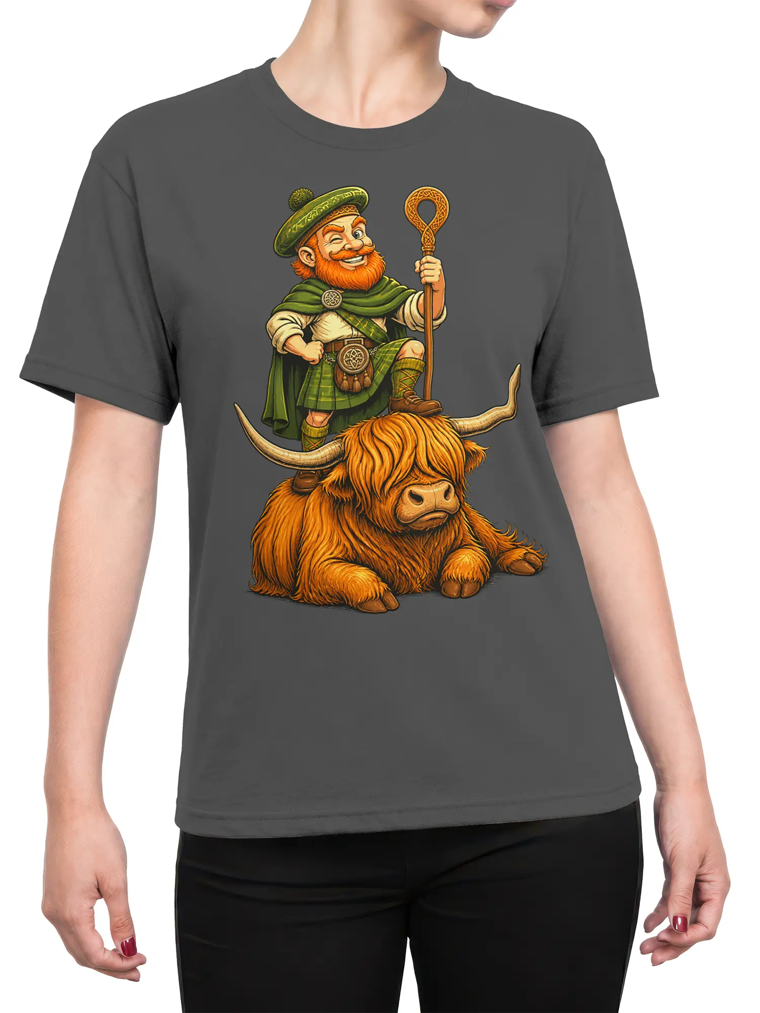 Female torso wearing a gray Highland cow T-shirt with a Celtic rider and shaggy horned cow design