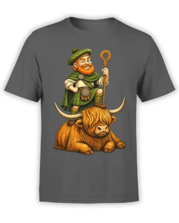 Gray T-shirt featuring a red-bearded Celtic rider on a shaggy Highland cow with large horns