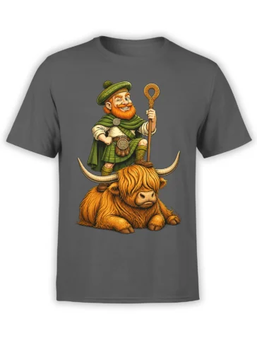 Gray T-shirt featuring a red-bearded Celtic rider on a shaggy Highland cow with large horns