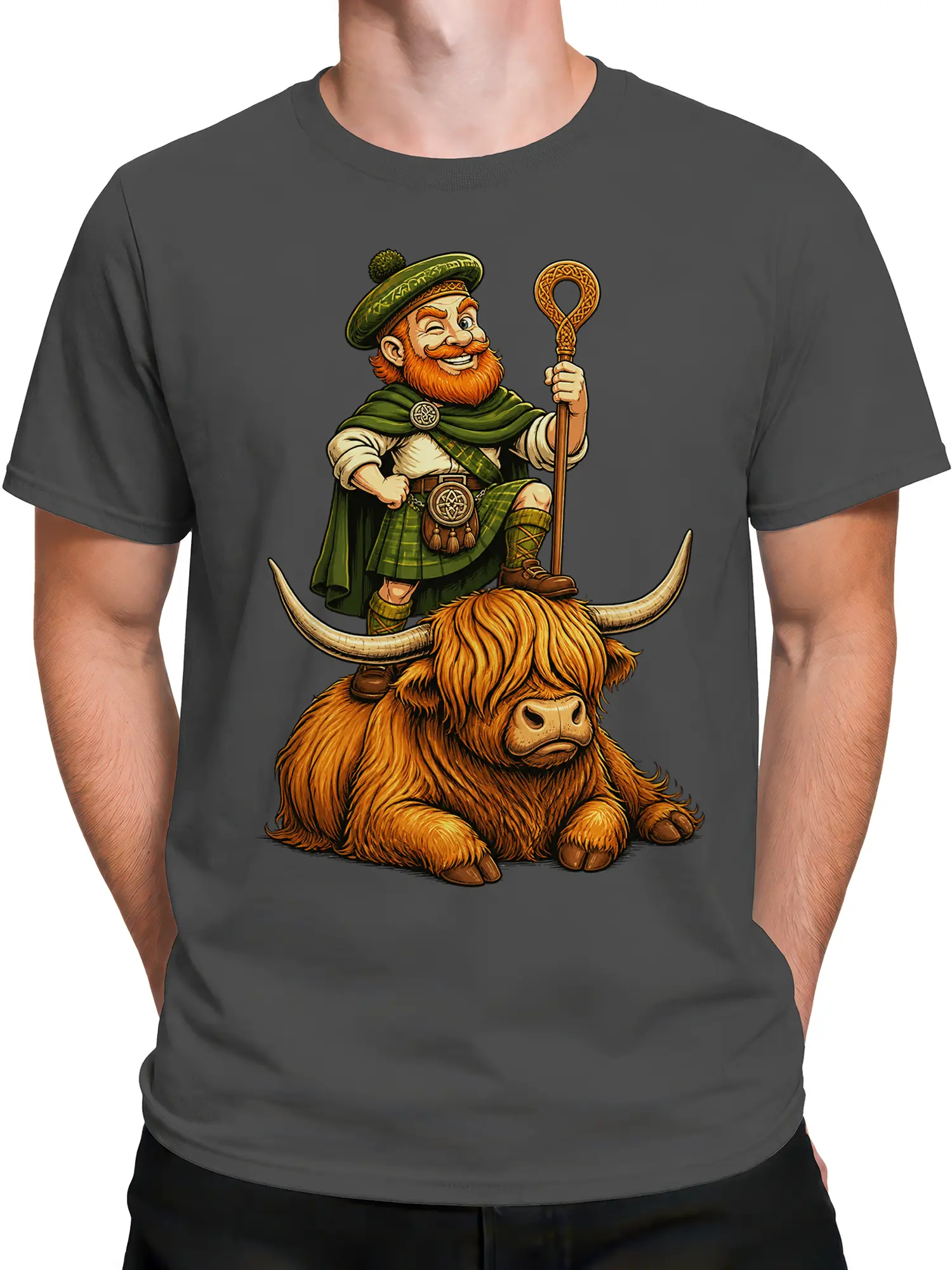 Male torso wearing a gray T-shirt with a red-bearded Highland cow rider graphic