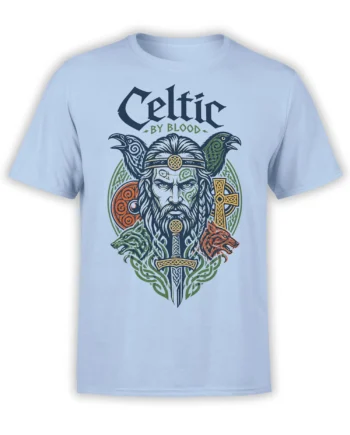 Light blue Celtic warrior T-shirt with sword, knotwork, animal heads, and Celtic By Blood lettering