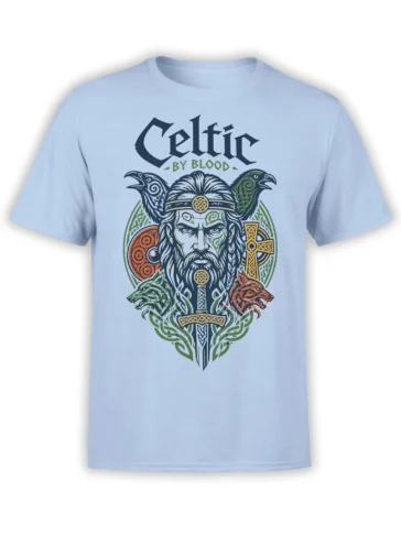 Light blue Celtic warrior T-shirt with sword, knotwork, animal heads, and Celtic By Blood lettering