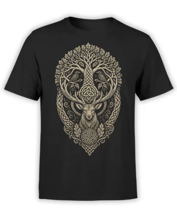 Black deer T-shirt with beige Celtic tree of life, antlers, birds, leaves, and knotwork artwork