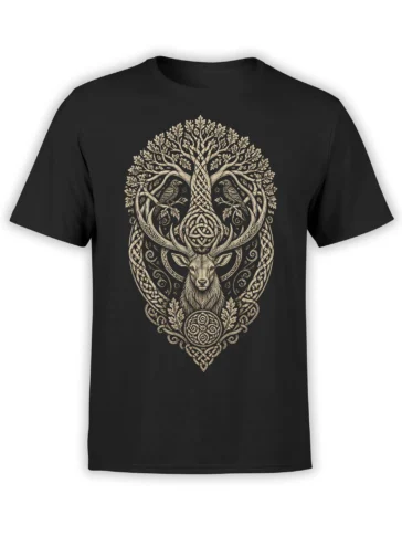 Black deer T-shirt with beige Celtic tree of life, antlers, birds, leaves, and knotwork artwork