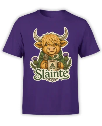 Purple T-shirt with a shaggy Highland cow holding a Celtic coffee mug among thistles