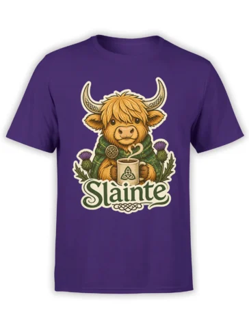 Purple T-shirt with a shaggy Highland cow holding a Celtic coffee mug among thistles