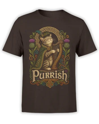 Brown T-shirt featuring a vintage striped cat harpist, Celtic ornament, colorful thistles, and “PURRISH” lettering