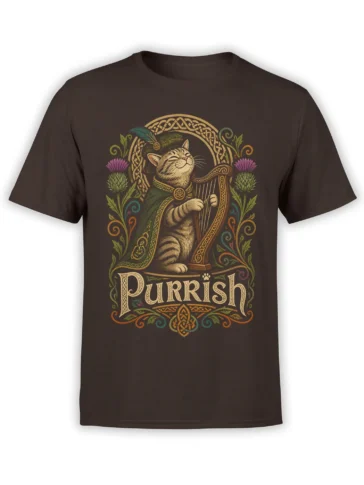 Brown T-shirt featuring a vintage striped cat harpist, Celtic ornament, colorful thistles, and “PURRISH” lettering