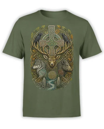 Olive green T-shirt with a Celtic animal crest showing a stag, wolf, wild boar, ravens, knotwork, and cross