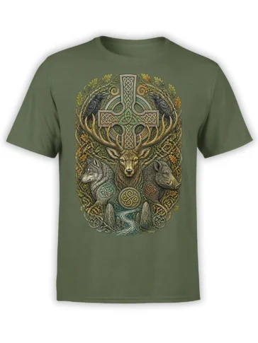 Olive green T-shirt with a Celtic animal crest showing a stag, wolf, wild boar, ravens, knotwork, and cross