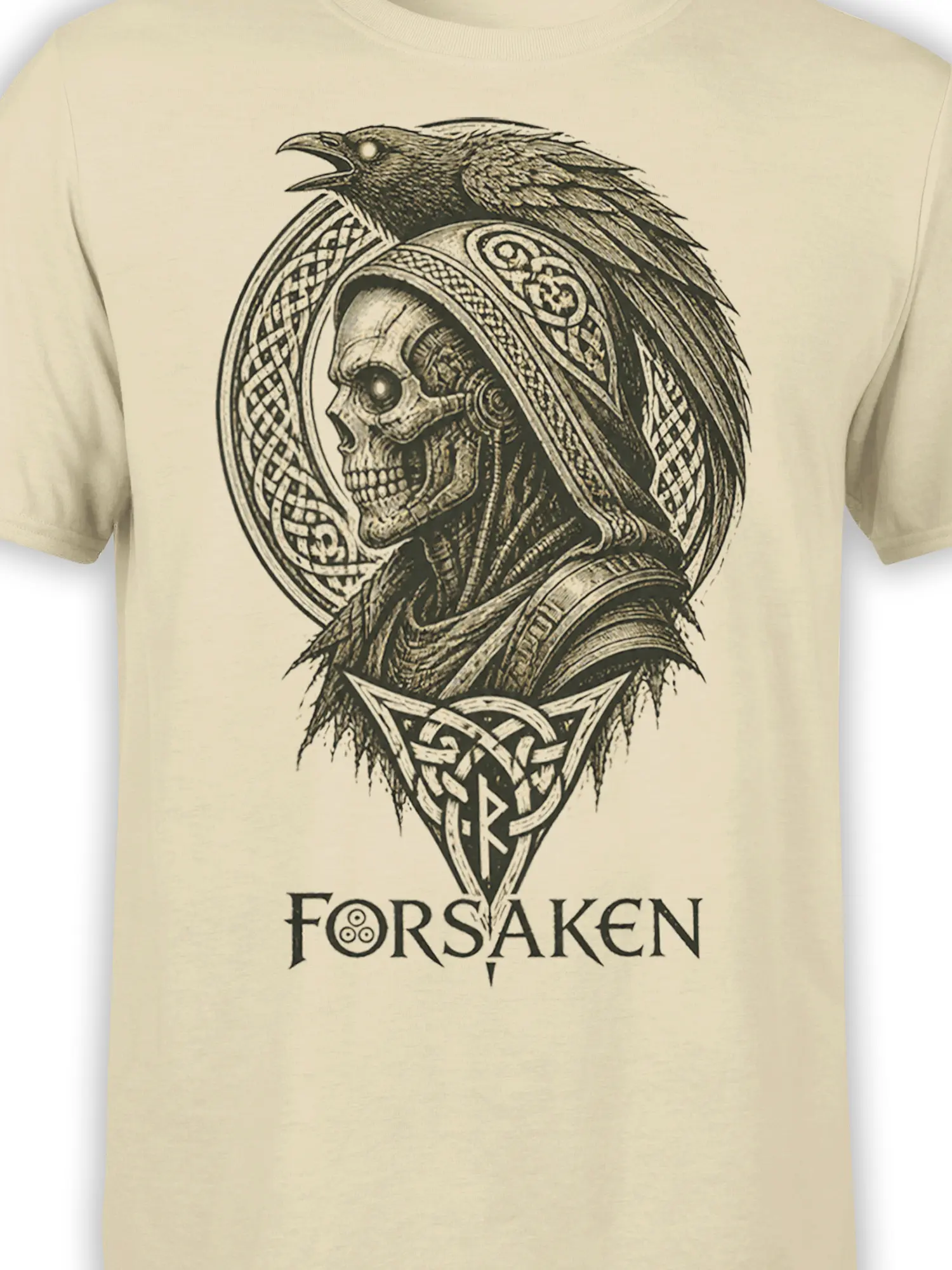 Close-up of hooded skull and raven artwork with symbolic details on beige fabric
