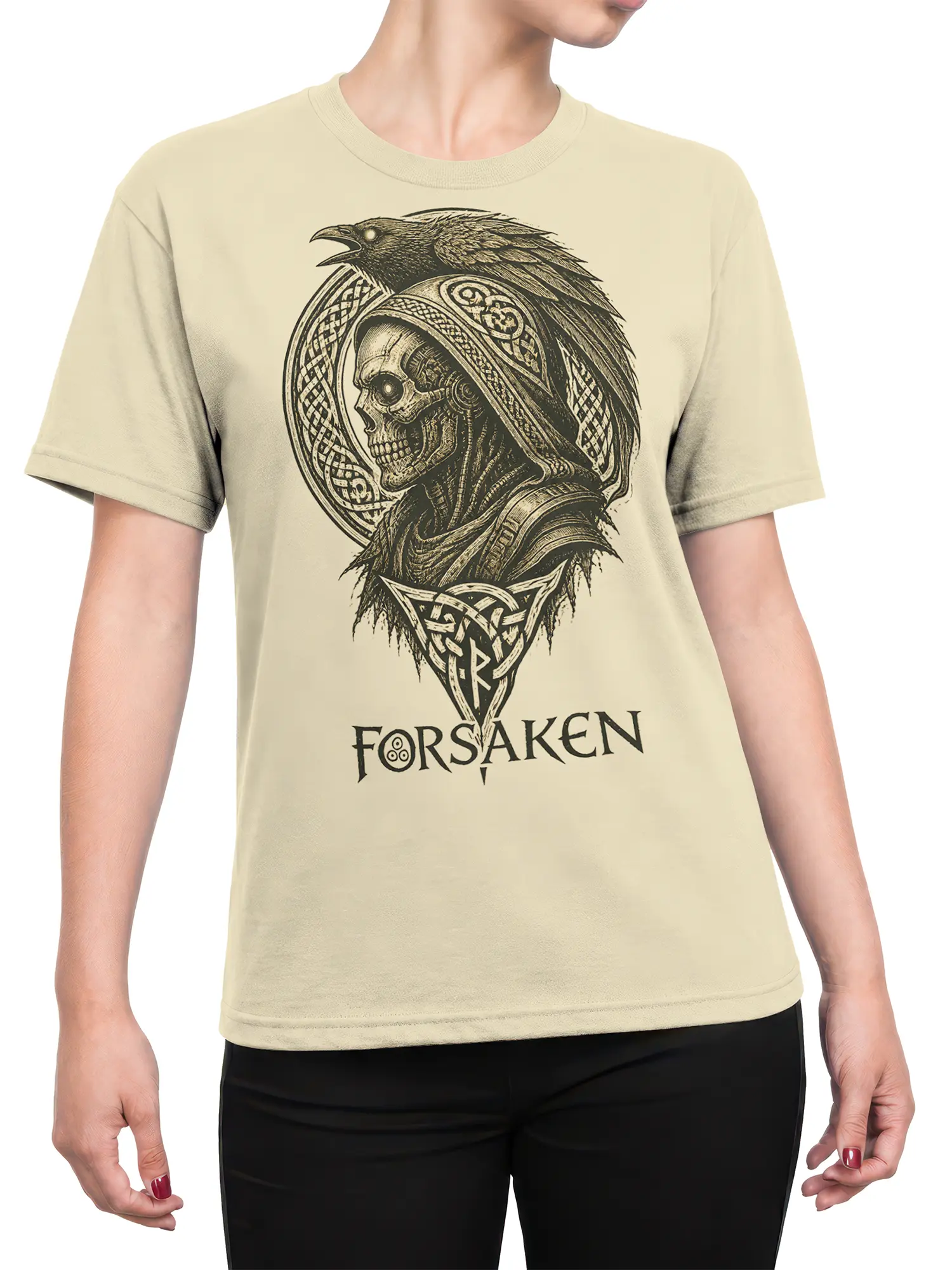 Female torso wearing a beige T-shirt with a hooded skull and raven fantasy print