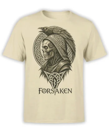 Hooded skull and raven fantasy design with symbolic patterns on a beige T-shirt