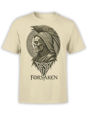 Hooded skull and raven fantasy design with symbolic patterns on a beige T-shirt