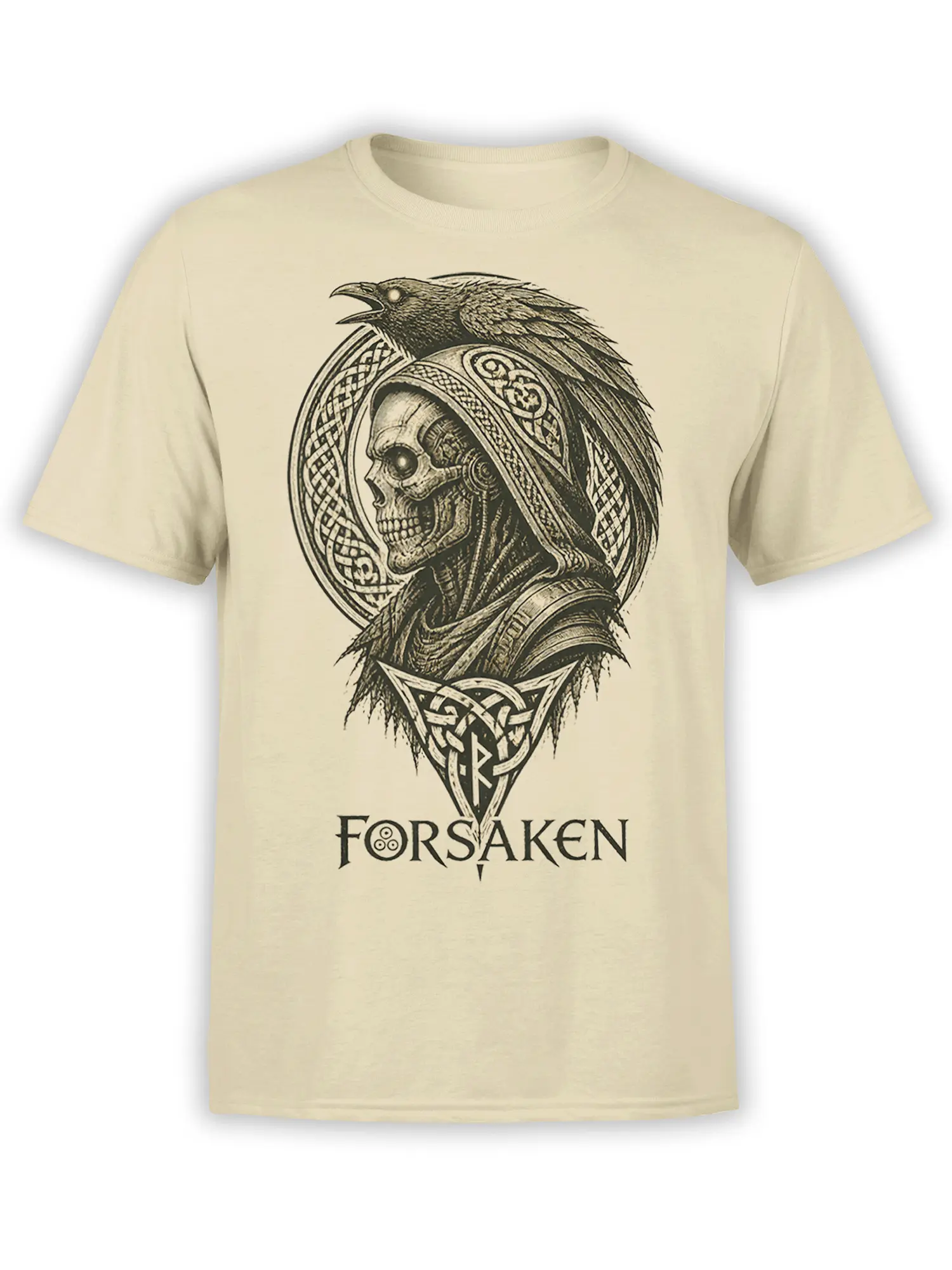 Hooded skull and raven fantasy design with symbolic patterns on a beige T-shirt