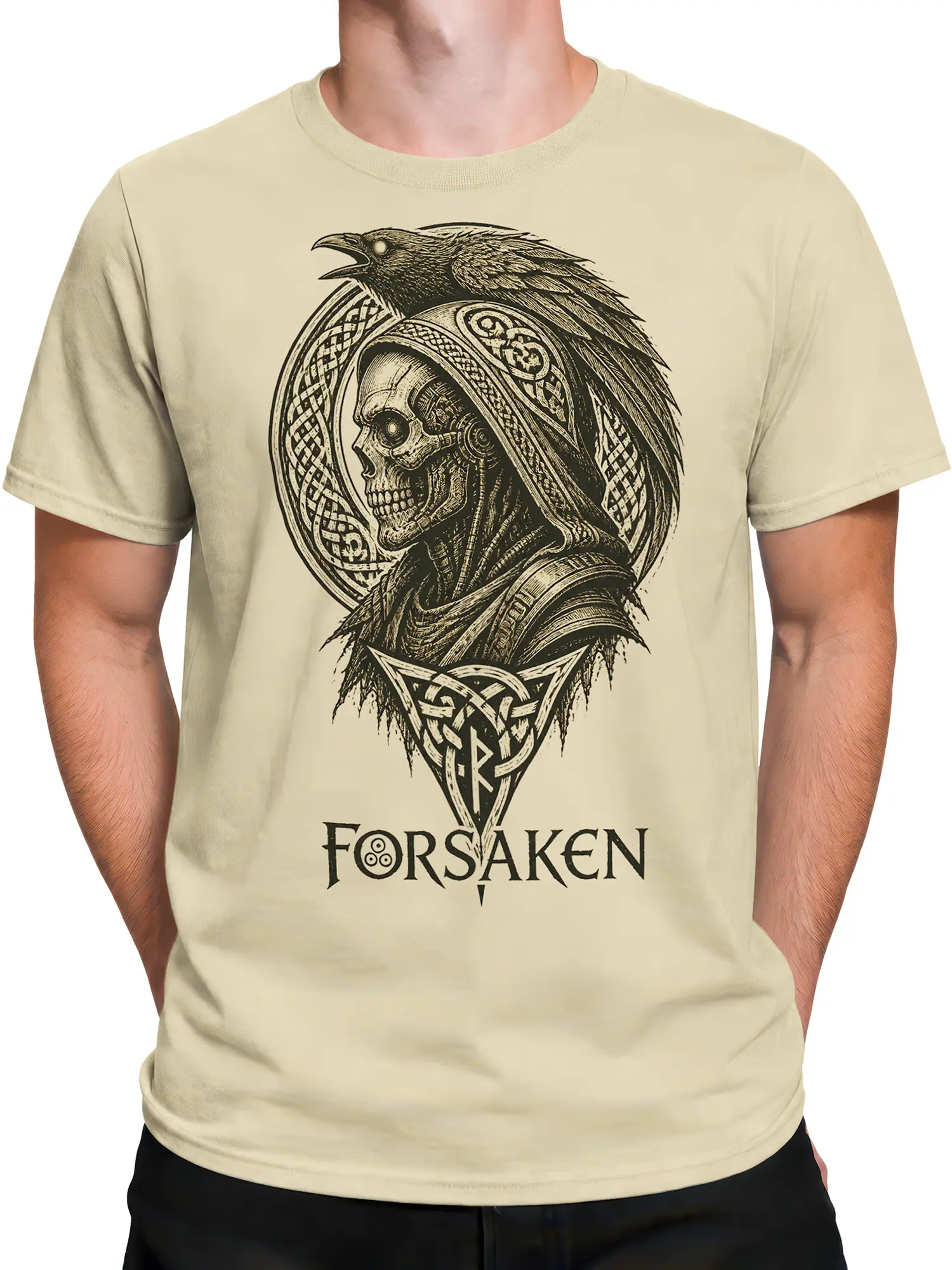 Male torso wearing a beige T-shirt with a hooded skull and raven fantasy print