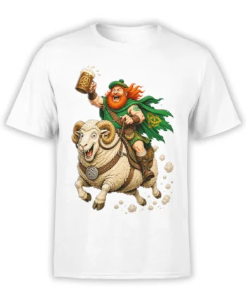 White T-shirt with a red-haired Celtic warrior riding a ram and raising a beer mug