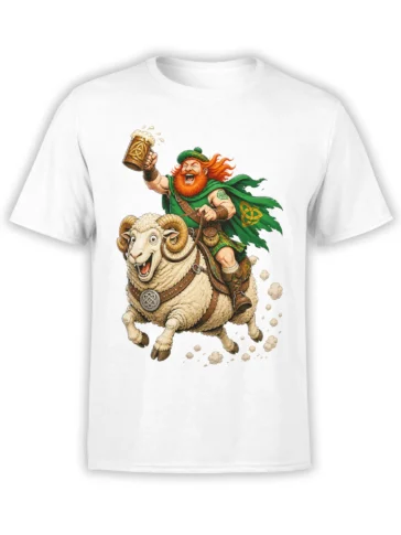 White T-shirt with a red-haired Celtic warrior riding a ram and raising a beer mug