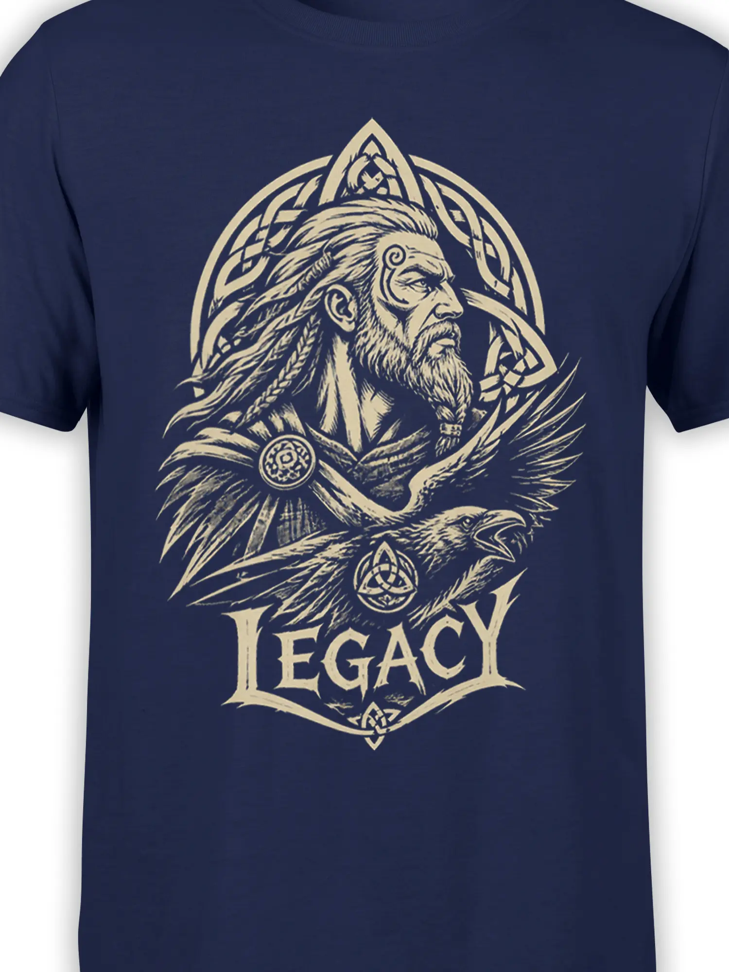 Close-up of cream Norse warrior and raven artwork with knotwork on navy Viking T-shirt