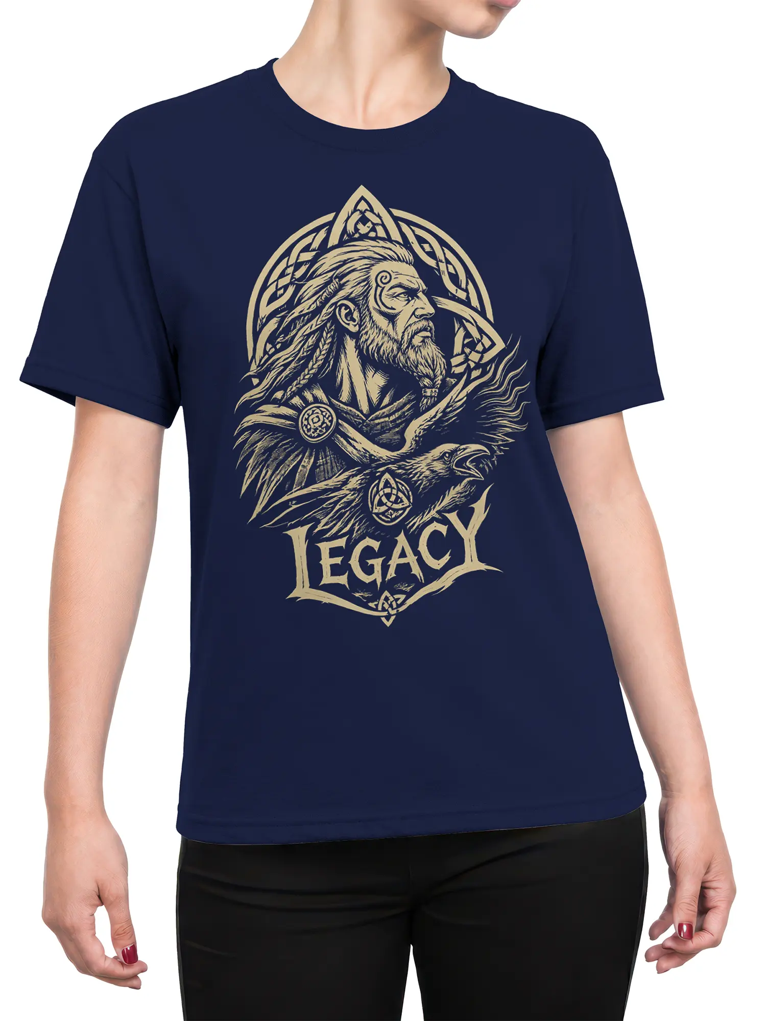 Female torso wearing navy Viking T-shirt with Norse warrior, raven, knotwork, and LEGACY graphic