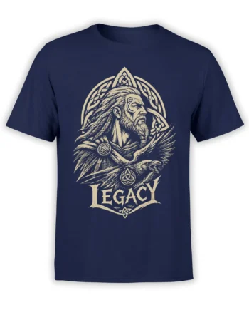 Front view of navy Viking T-shirt with bearded Norse warrior, raven, knotwork, and LEGACY artwork