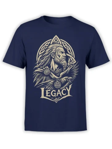 Front view of navy Viking T-shirt with bearded Norse warrior, raven, knotwork, and LEGACY artwork