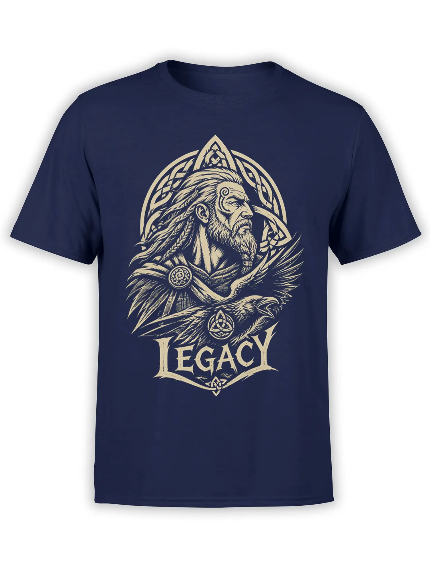 Front view of navy Viking T-shirt with bearded Norse warrior, raven, knotwork, and LEGACY artwork