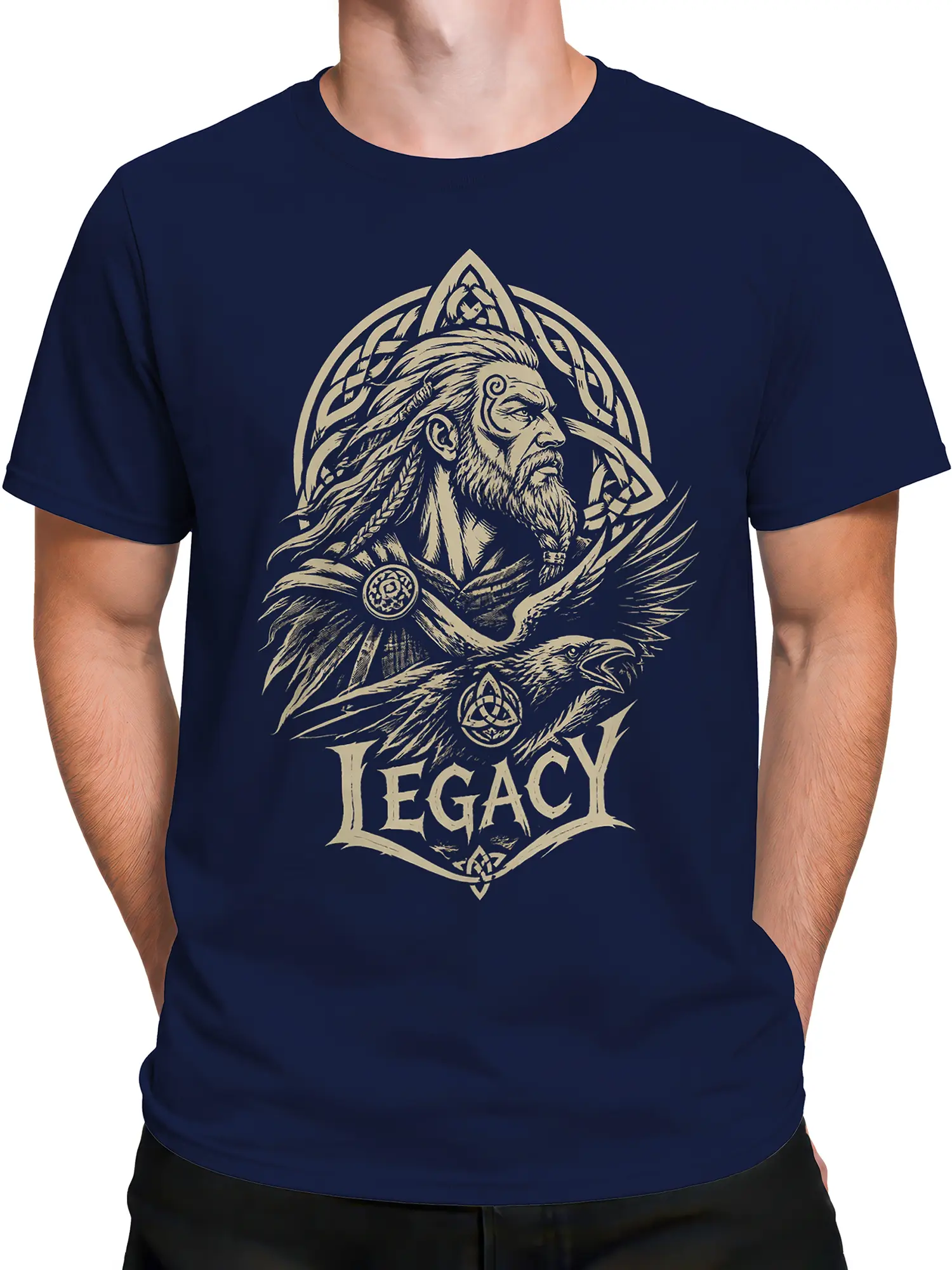 Male torso wearing navy Norse warrior T-shirt with raven, knotwork, and LEGACY print
