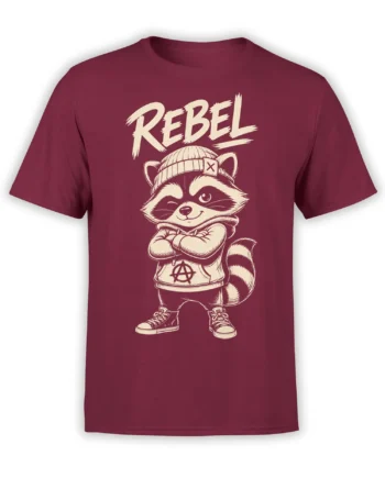 Rebel raccoon wearing a beanie and hoodie on a burgundy T-shirt with bold cream lettering