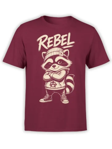 Rebel raccoon wearing a beanie and hoodie on a burgundy T-shirt with bold cream lettering