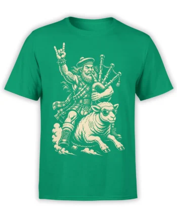 Green T-shirt with a cream bagpipe player and sunglasses-wearing sheep vintage design