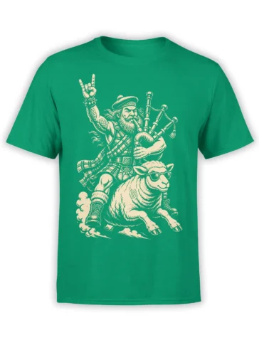 Green T-shirt with a cream bagpipe player and sunglasses-wearing sheep vintage design