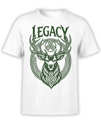 White deer T-shirt with green Celtic knotwork, large antlers, spiral symbols, and LEGACY text