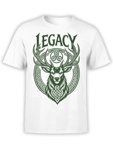 White deer T-shirt with green Celtic knotwork, large antlers, spiral symbols, and LEGACY text