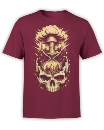 Maroon skull T-shirt with hourglass artwork, ruined city scene, debris, and dramatic cloud