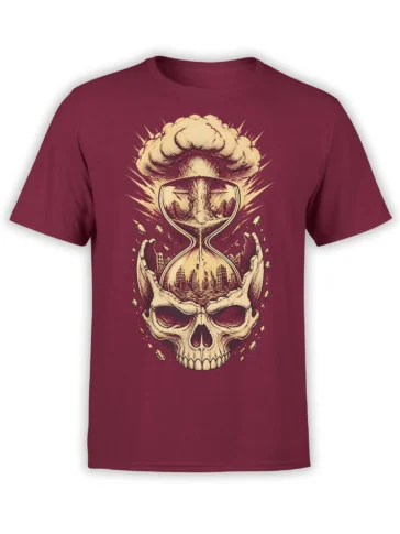 Maroon skull T-shirt with hourglass artwork, ruined city scene, debris, and dramatic cloud