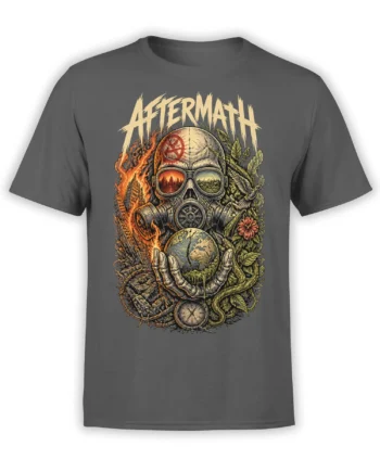 Gray apocalypse T-shirt with a gas mask skull holding a cracked globe between fire and green plants