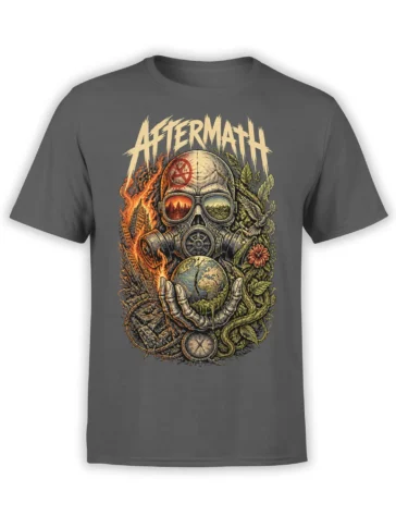 Gray apocalypse T-shirt with a gas mask skull holding a cracked globe between fire and green plants
