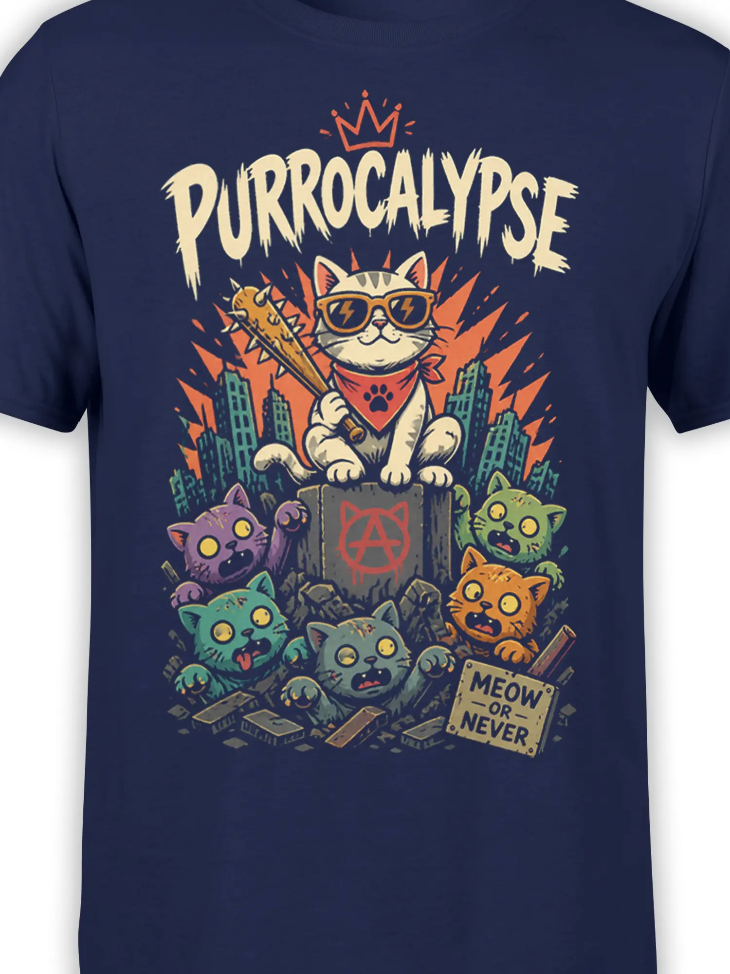 Close-up of crowned cat leader, colorful kittens, city ruins, and Meow or Never sign on navy fabric
