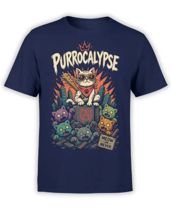 Crowned cat with spiked bat leads colorful cats through city rubble on a navy Purrocalypse T-shirt