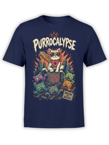 Crowned cat with spiked bat leads colorful cats through city rubble on a navy Purrocalypse T-shirt