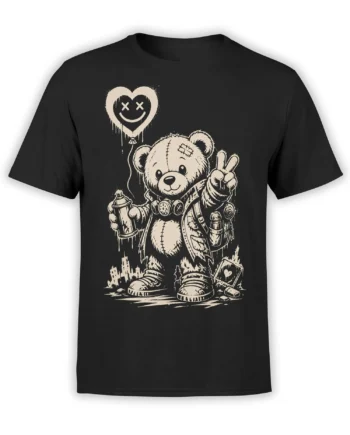 Graffiti teddy bear with headphones and spray can on a black graphic T-shirt