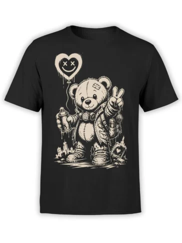 Graffiti teddy bear with headphones and spray can on a black graphic T-shirt