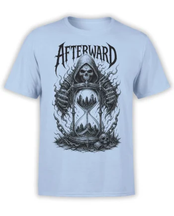 Hooded skull and hourglass gothic design with chains and AFTERWARD lettering on a light blue T-shirt